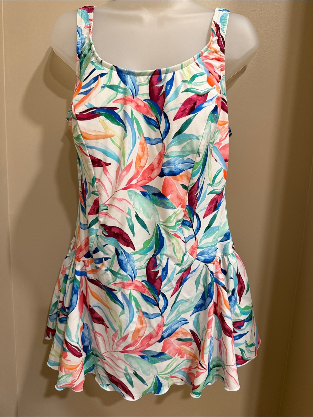 Maxine of Hollywood Multicolor Leaf-Print White Swimdress